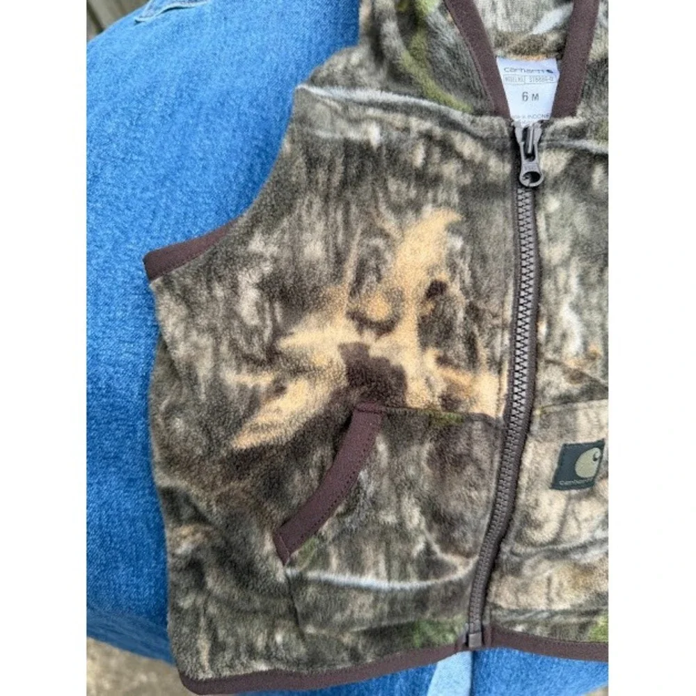 Camo Carhartt Fleece Vest Kids 6M Brown Real Tree Hooded Zip Up ST8886-B Rugged